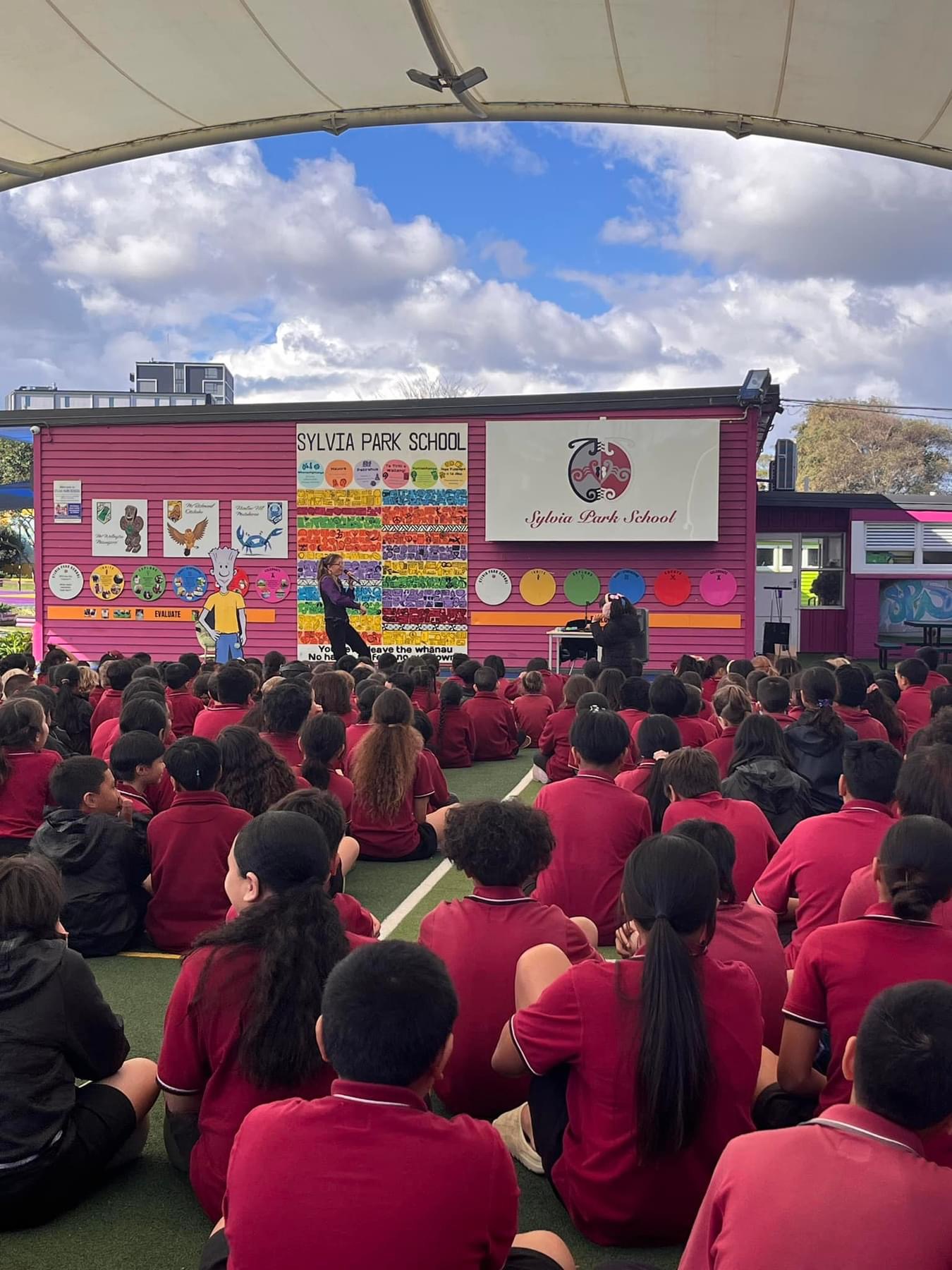 Jenifer presenting The NED Show assembly to students at Sylvia Park School in New Zealand