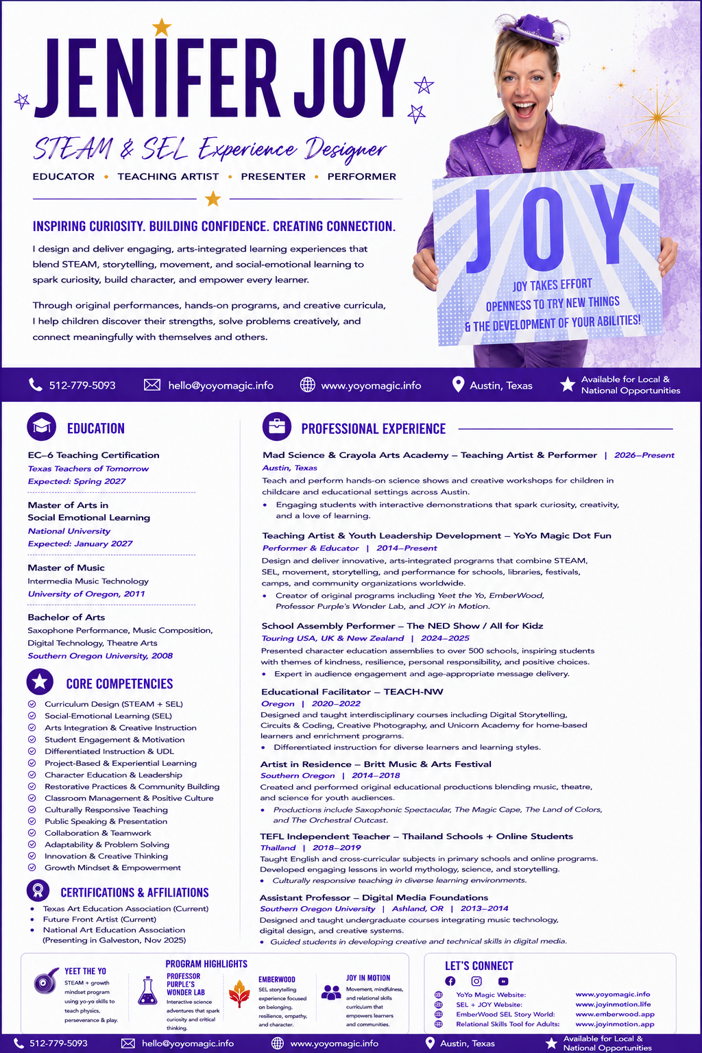 Jenifer Joy CV infographic — STEAM & SEL Experience Designer, education, experience, competencies, and program highlights