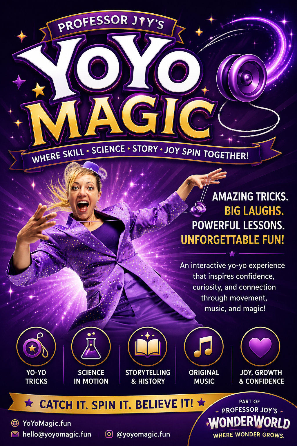 Yeet the Yo infographic — yo-yo tricks, science in motion, storytelling & history, original music, joy growth & confidence
