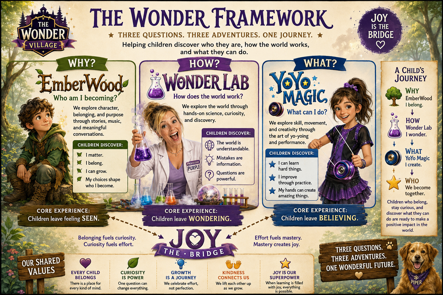 The Wonder Framework — Three Questions, Three Adventures, One Journey. EmberWood, Wonder Lab, and YoYo Magic connected by JOY.
