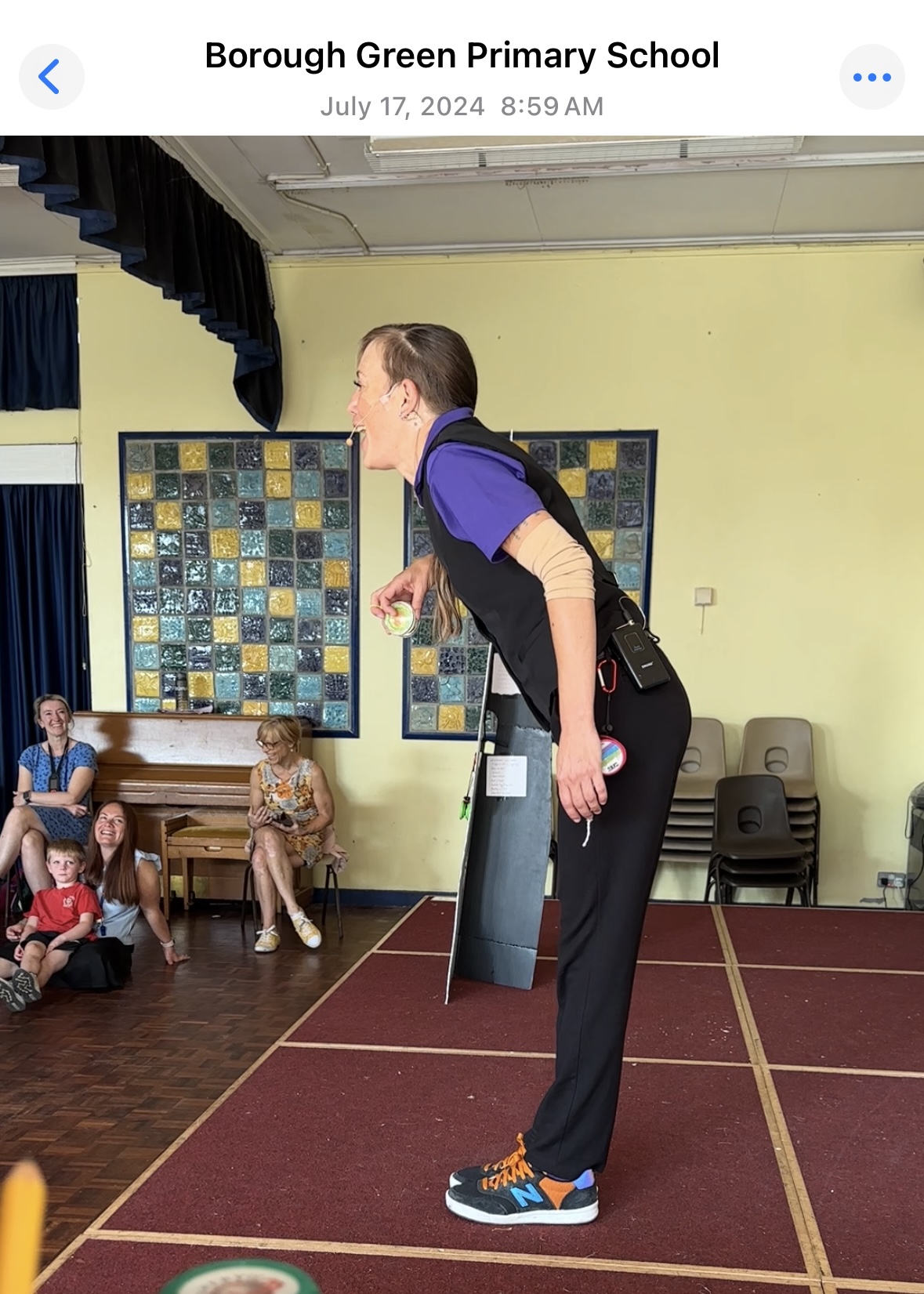 Jenifer engaging students during The NED Show at Borough Green Primary School in England