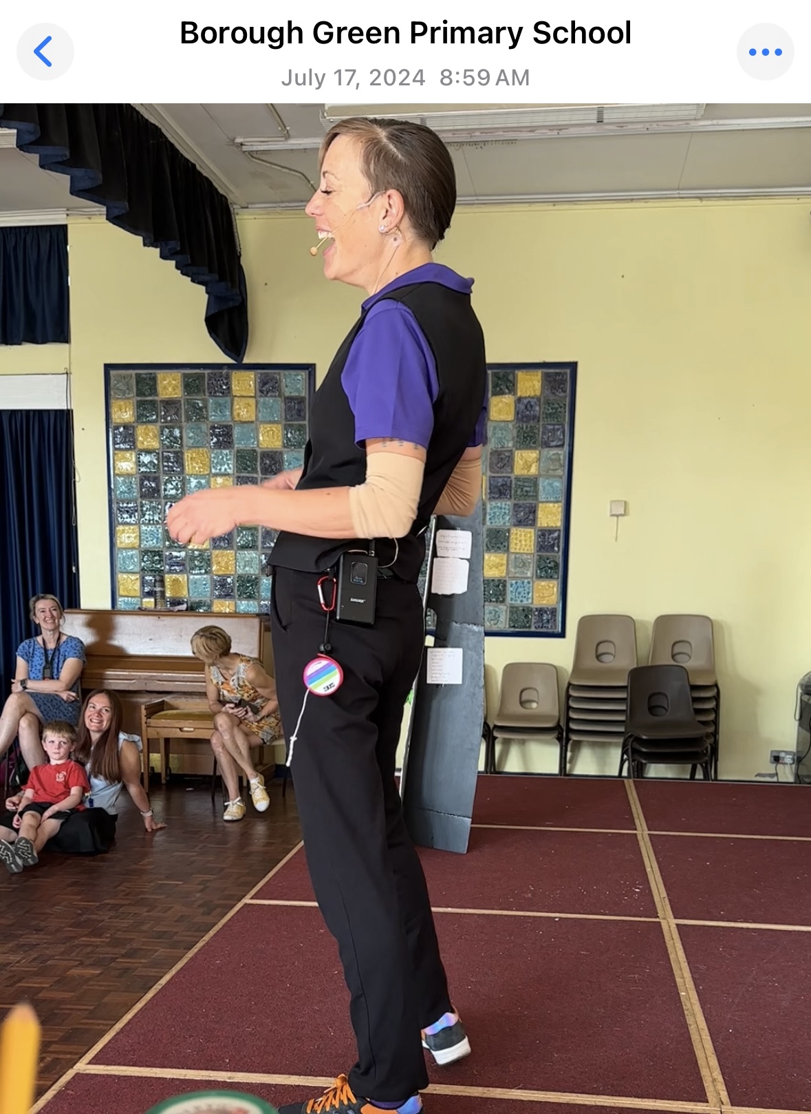 Jenifer presenting The NED Show at Borough Green Primary School in England