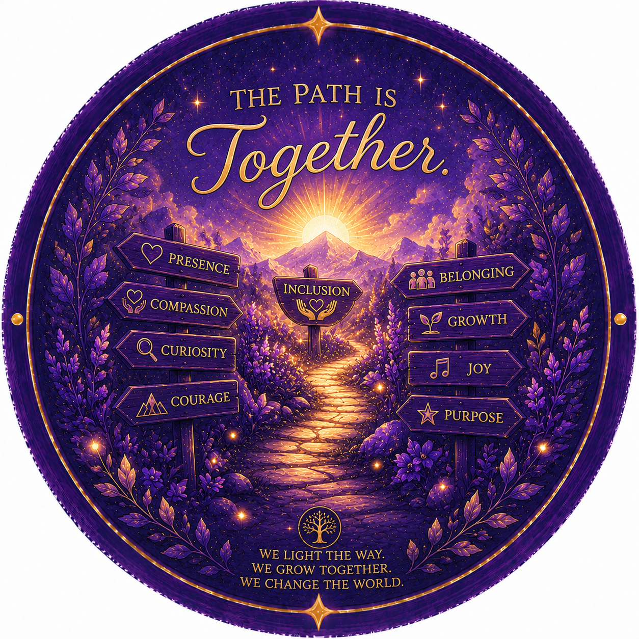 We light the way. We grow together. We change the world. — a glowing path through Presence, Compassion, Curiosity, Courage, Inclusion, Belonging, Growth, Joy, and Purpose.