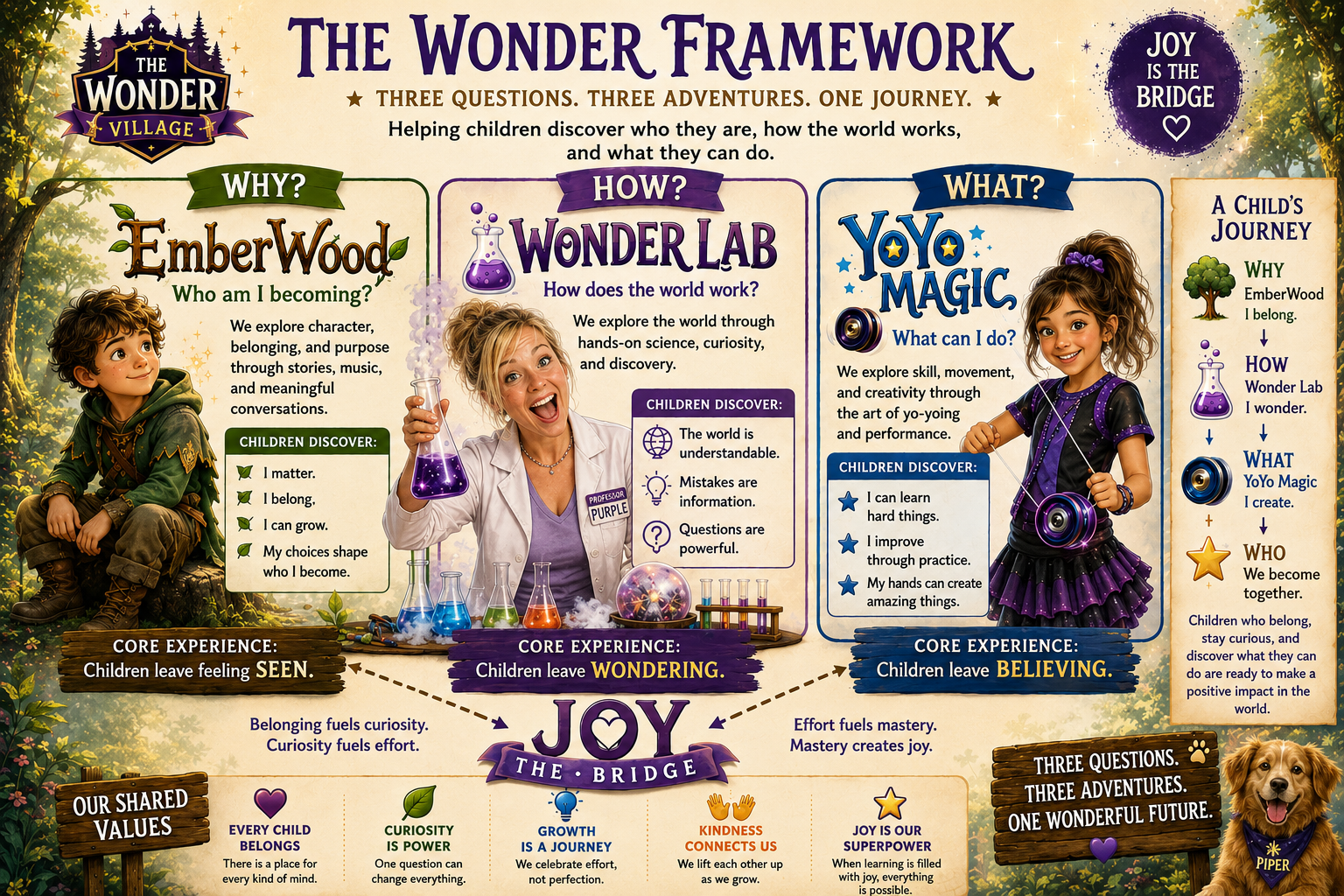 The Wonder Framework — three doors: EmberWood (Why), Wonder Lab (How), YoYo Magic (What) with JOY as the bridge